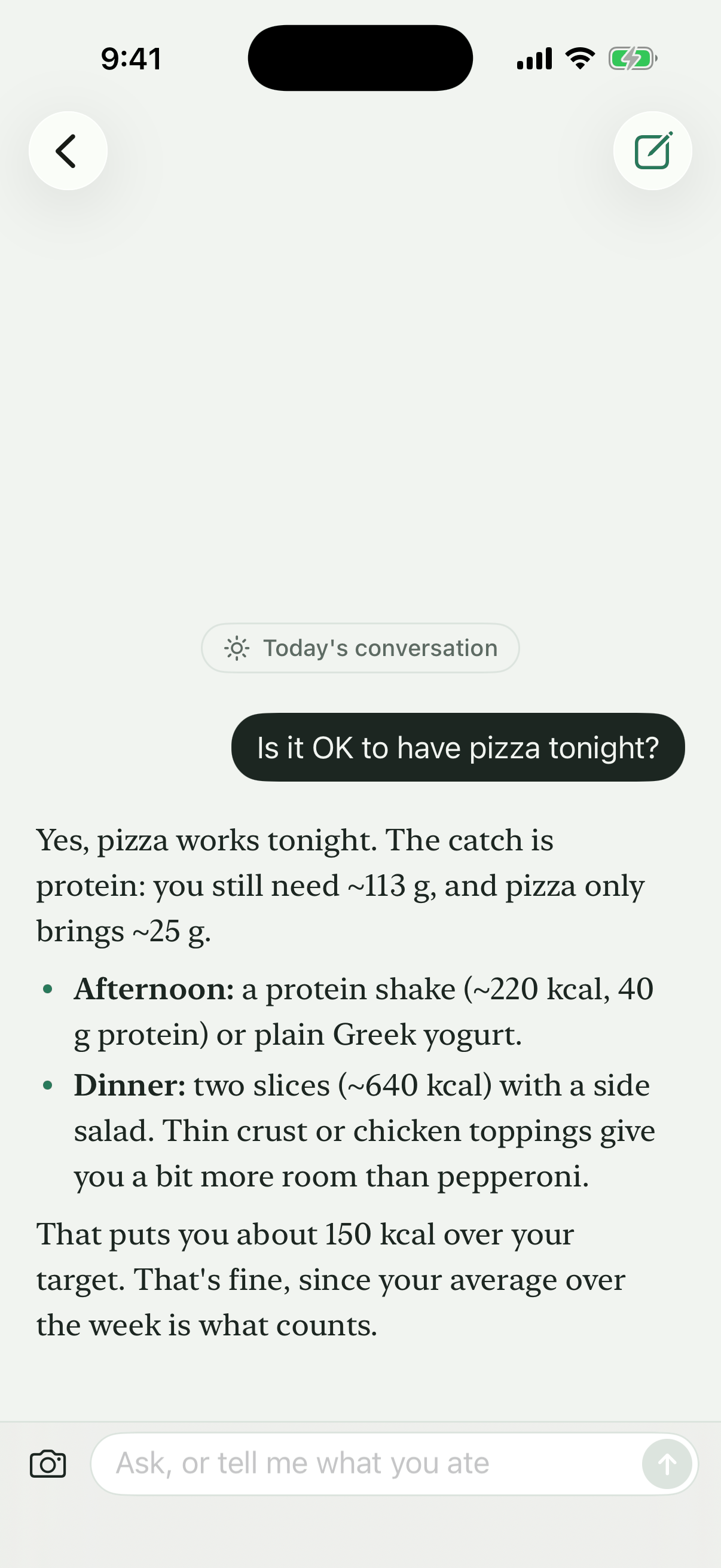 A chat with the coach answering whether pizza fits tonight