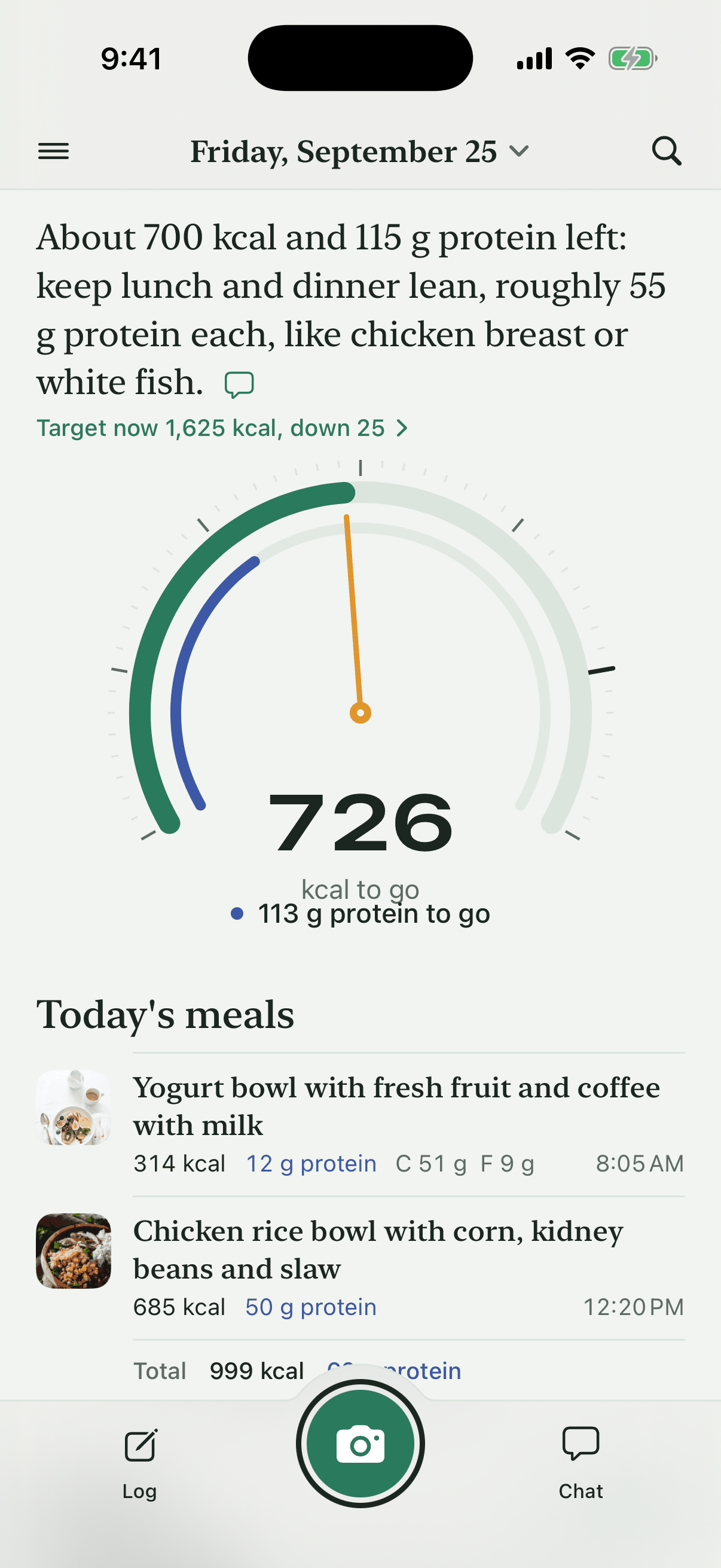 Home: calories left on a kitchen-scale dial, and today's meals