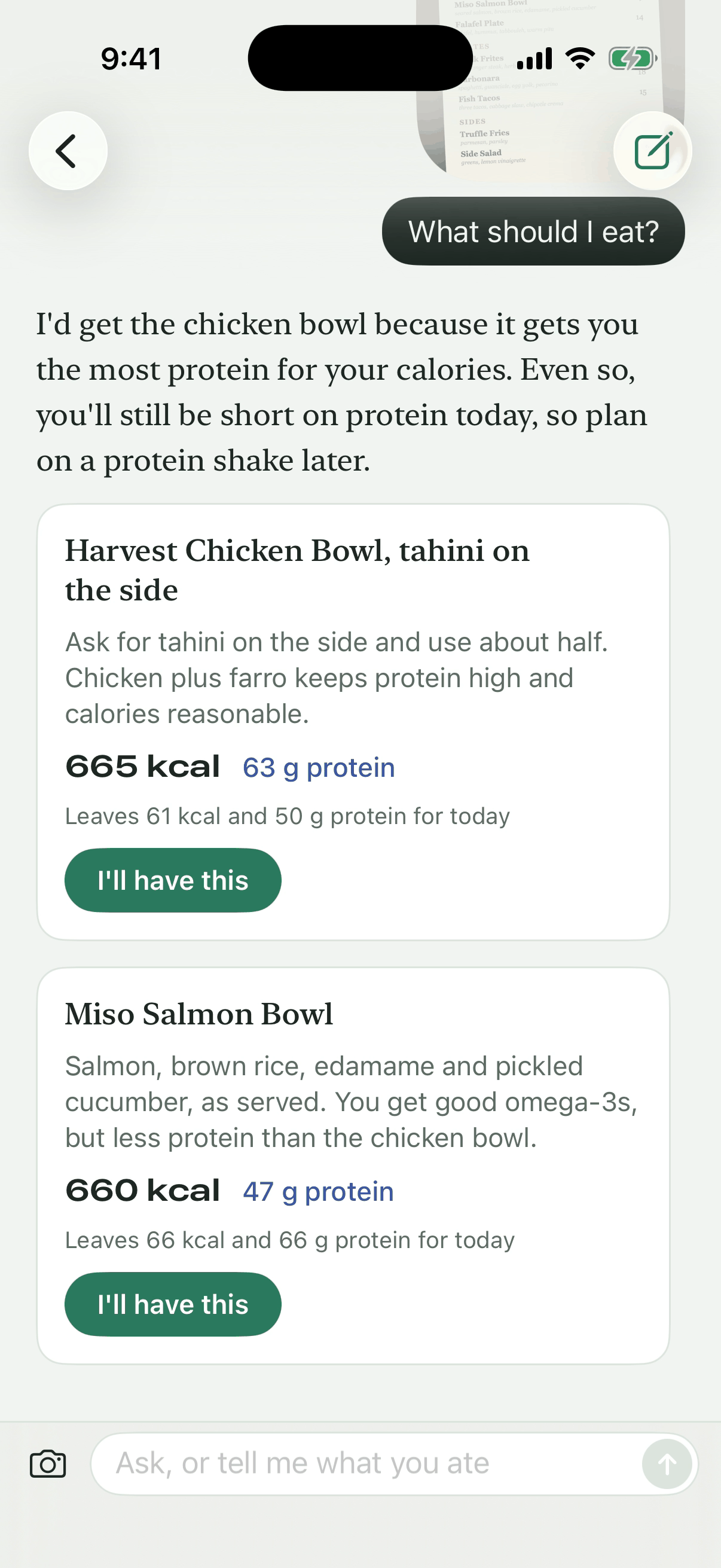 Two options from a menu, each with its calories, protein and what's left after it